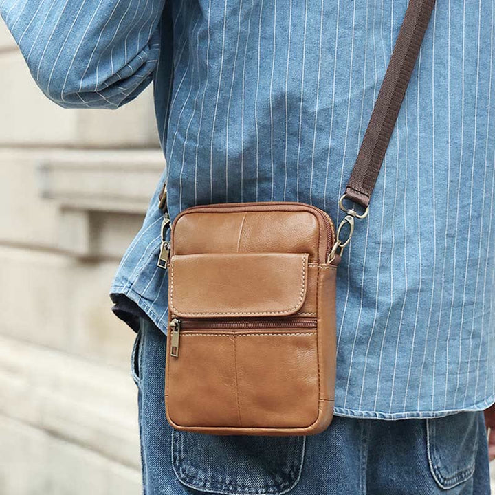 Real Leather Small Messenger Crossbody Bag for Men with Multiple Pockets
