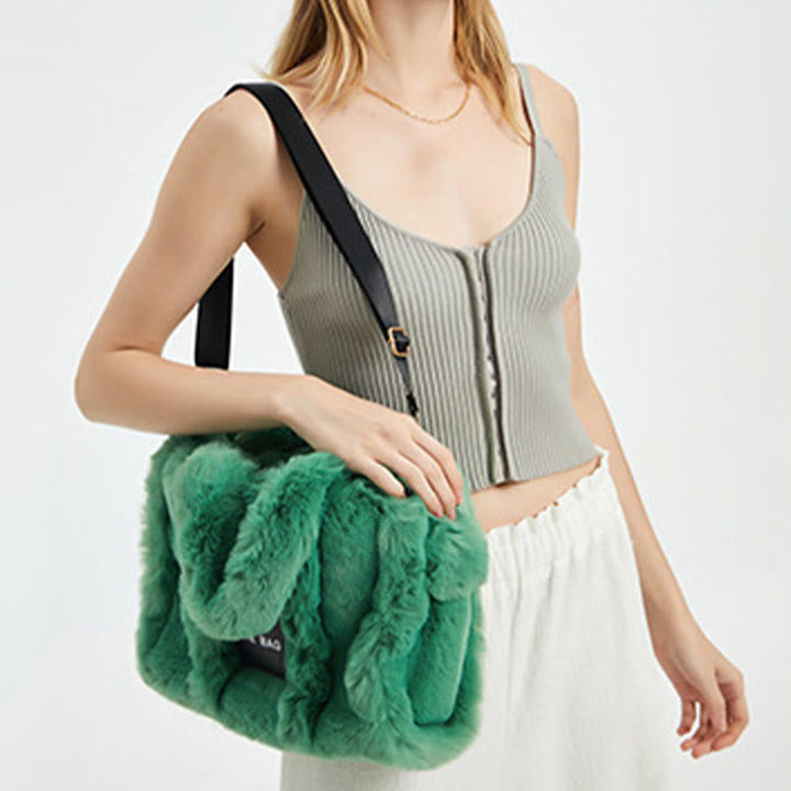 Solid Plush Handbag For Winter Soft Wide Strap Crossbody Bag