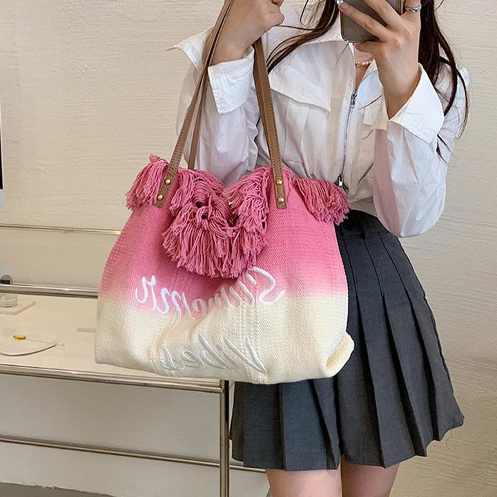 Tote For Women Gradient Color Style Tassel Large Daily Purse