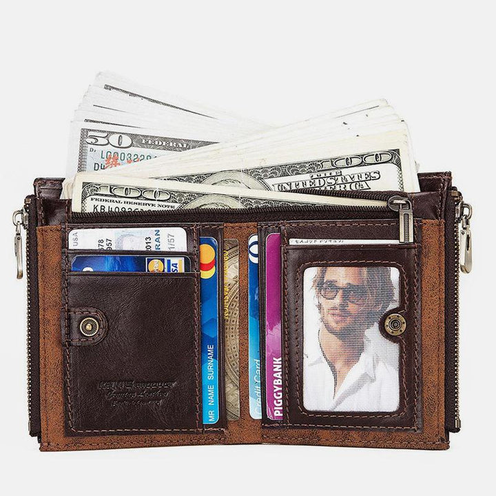 Vintage RFID Genuine Leather Bifold Coin Wallet With Chain