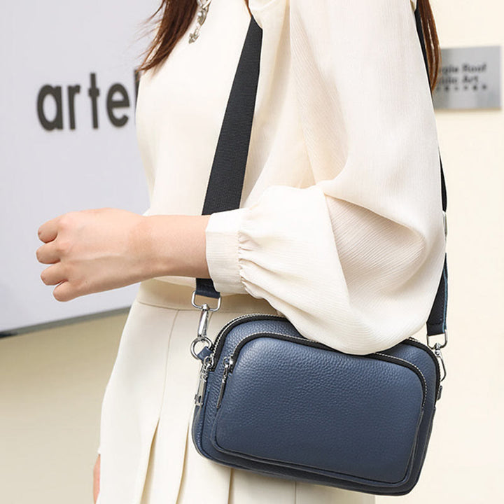 Triple Zip Genuine Leather Crossbody Bag Casual Travel Purse
