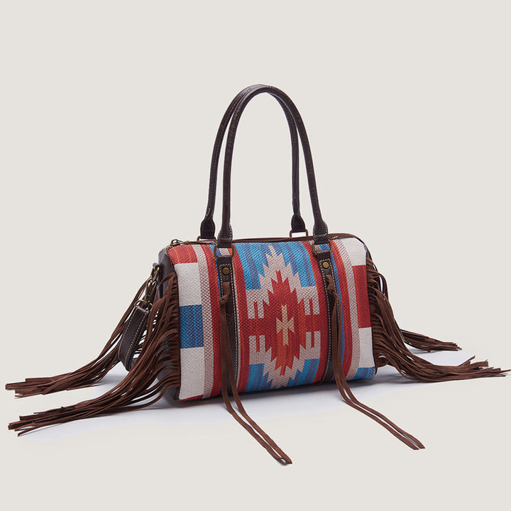 Vintage Hand-woven Boho Tote Tassel Top Handle Satchel with Crossbody Strap