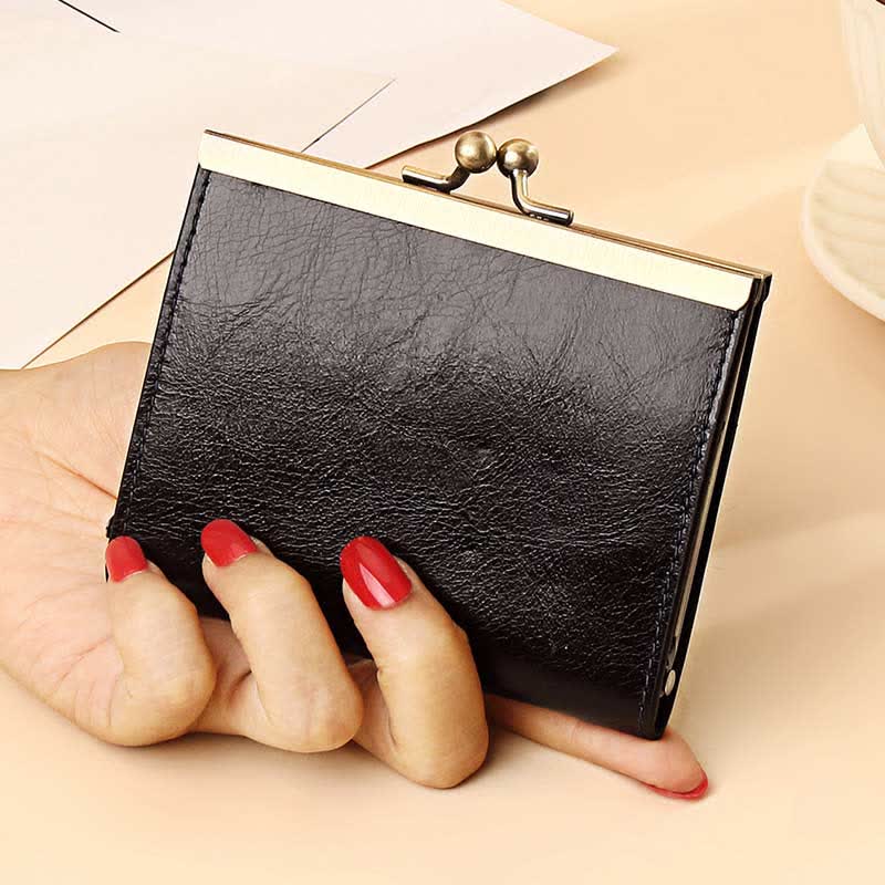 Genuine Leather Small Wallet Kiss Lock Change Coin Purse Card Holder
