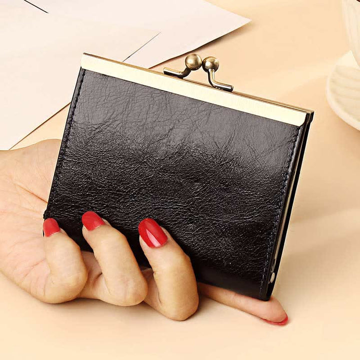 Genuine Leather Small Wallet Kiss Lock Change Coin Purse Card Holder