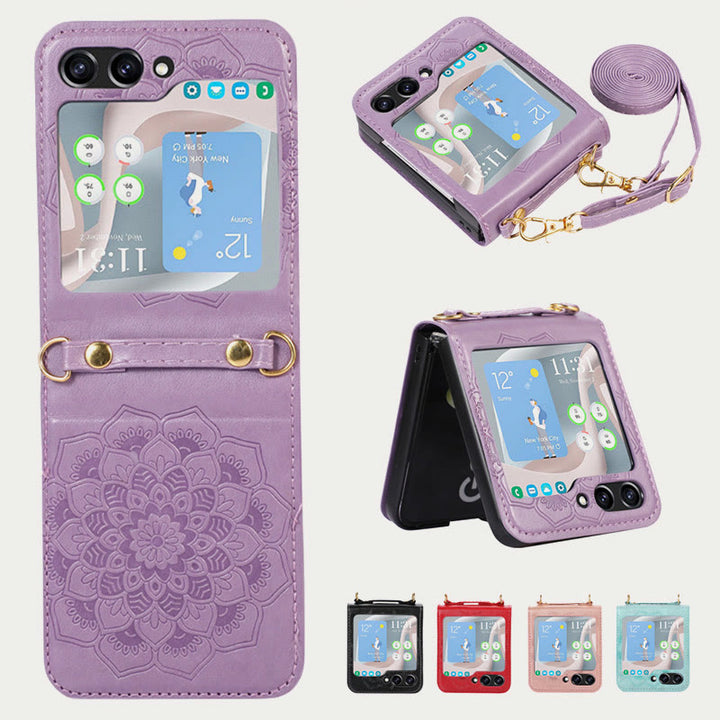Phone Case For Z Flip5 Flower Pattern Leather Crossbody Case