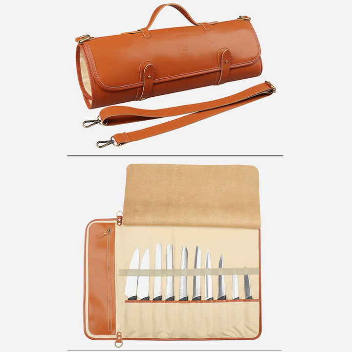 Genuine Leather Chef Knife Roll Bag Stores 10 Knives with Shoulder Strap