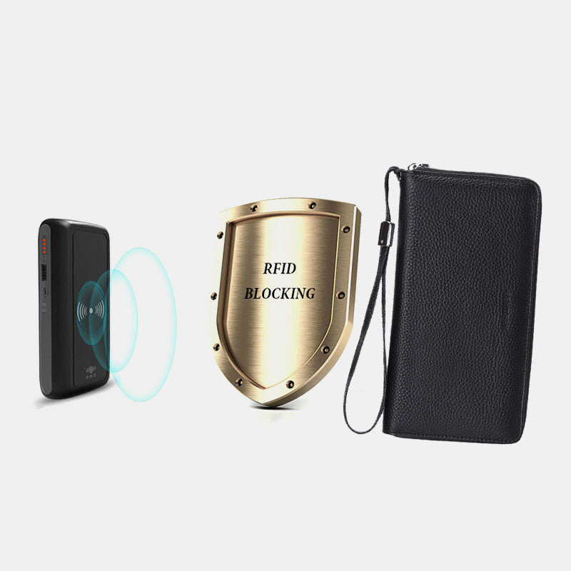 RFID Blocking Genuine Leather Zip Around Wallet Purse with Wrist Strap