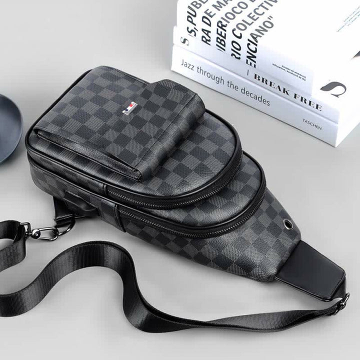 Leather Casual Daypack Sling Shoulder Chest Bag with USB Charging Port