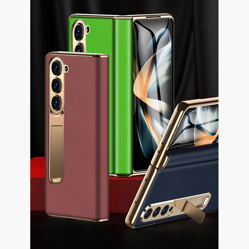 Z Fold 5 Phone Case Leechi Grain Genuine Leather With Screen Film Case