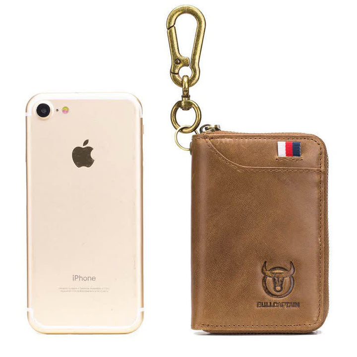 Leather Zip Around Wallet for Men RFID Blocking Card Holder with Keychain