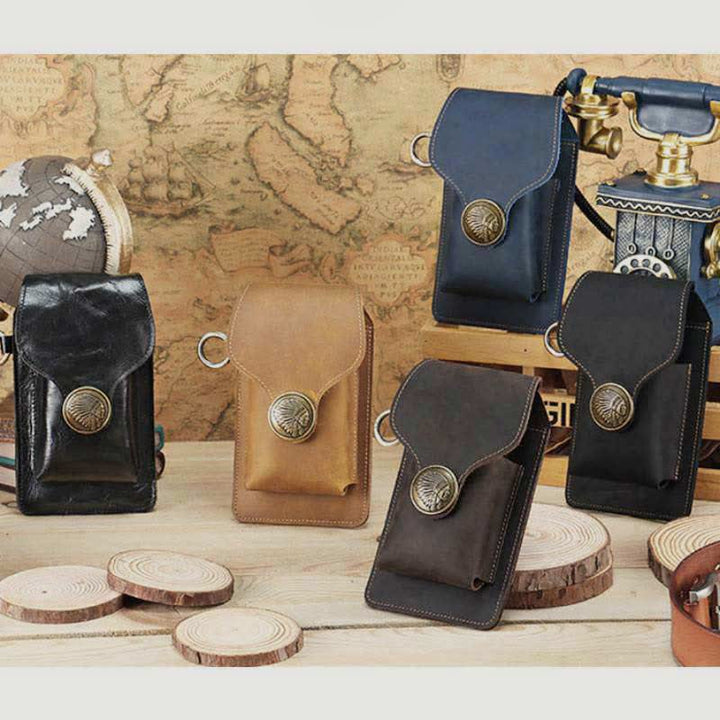 Vintage Leather Flip Phone Bag Belt Pouch with Cigarette Pocket