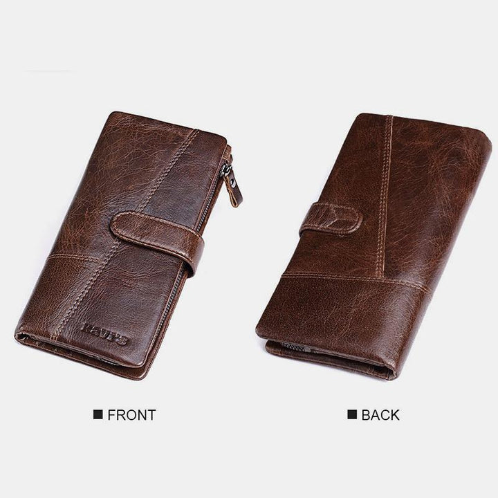 Retro Splicing Long Slim Purse Real Leather Trifold Wallet