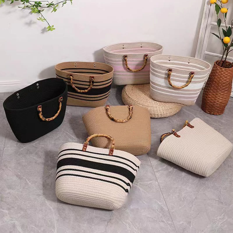 Spring Straw Woven Large Tote Bag for Women with Bamboo Handle