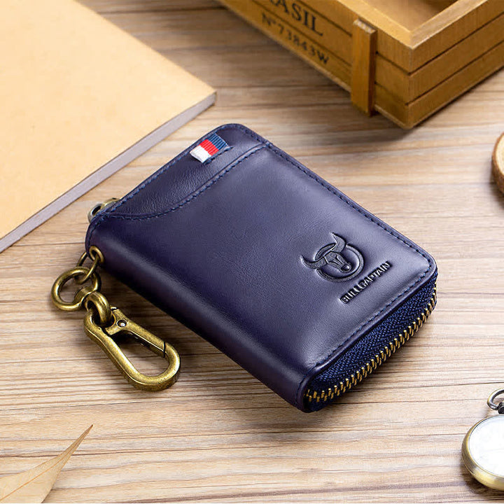 Leather Zip Around Wallet for Men RFID Blocking Card Holder with Keychain