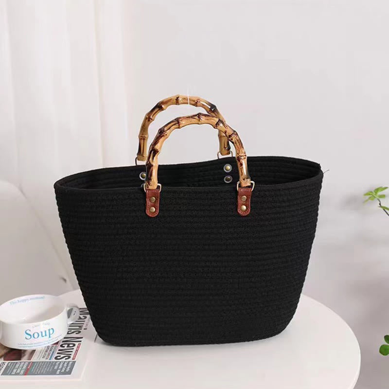 Spring Straw Woven Large Tote Bag for Women with Bamboo Handle