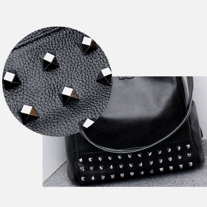 Fashion Rivet Backpack Genuine Leather Double Shoulder Strap Roomy Bag