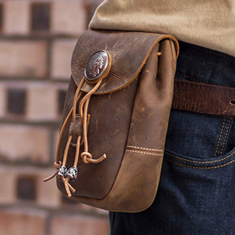 Genuine Leather Drawstring Pouch Purse Waist Bag Portable Wallet Belt Pouch