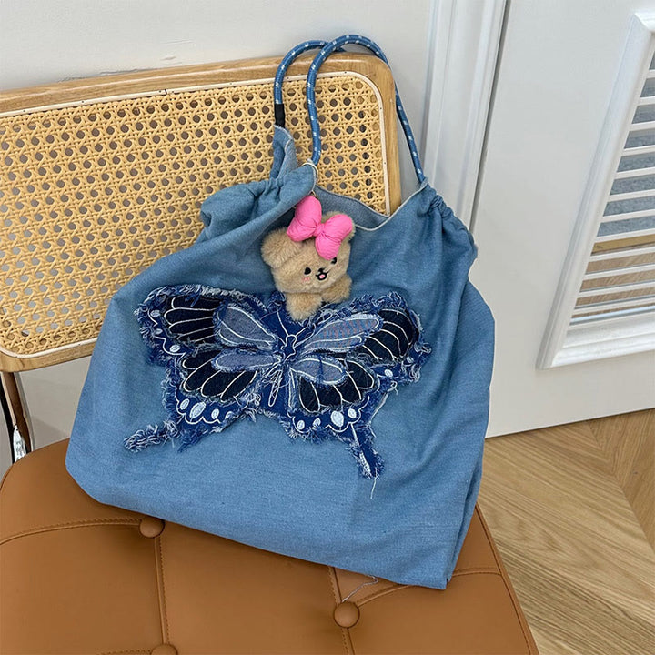 Butterfly Pattern Shoulder Bag For Women Large Denim Tote