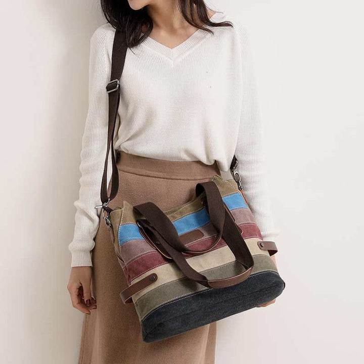 Multifunction Color Block Canvas Handbag Hobo Tote Bag Crossbody Purses