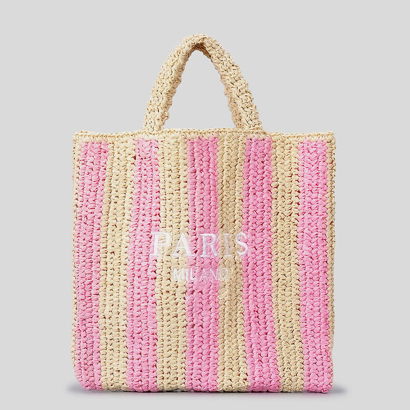 Beach Bag For Women Summer Holiday Travel Striped Straw Handbag