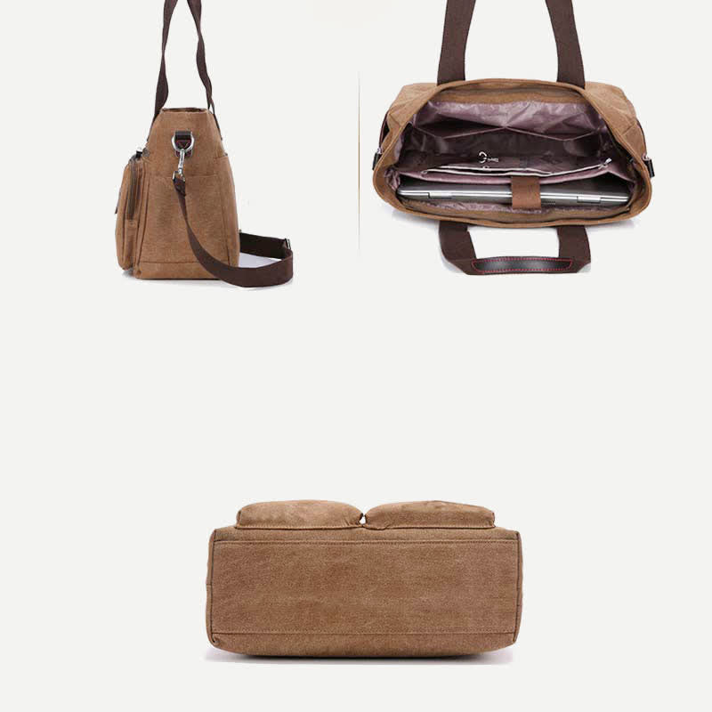Multi-Pocket Tote Handbag for Women Men Retro Canvas Laptop Bag