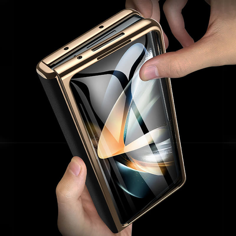 Z Fold 5 Phone Case Leechi Grain Genuine Leather With Screen Film Case