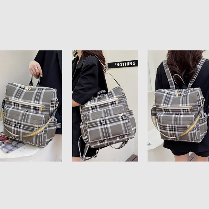 Multifunciton Casual Women Rucksack Daypack Leather Plaid Backpack With Shoulder Strap