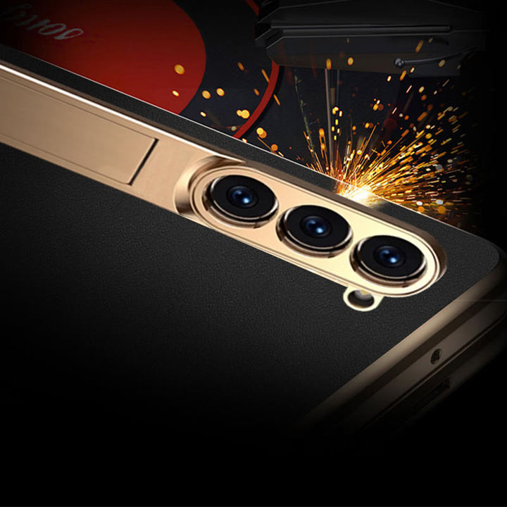 Z Fold 5 Phone Case Leechi Grain Genuine Leather With Screen Film Case
