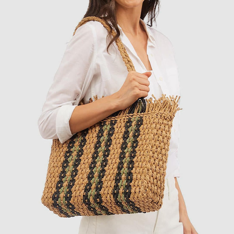 Tote Bag For Women Casual Vertical Stripes Straw Beach Bag