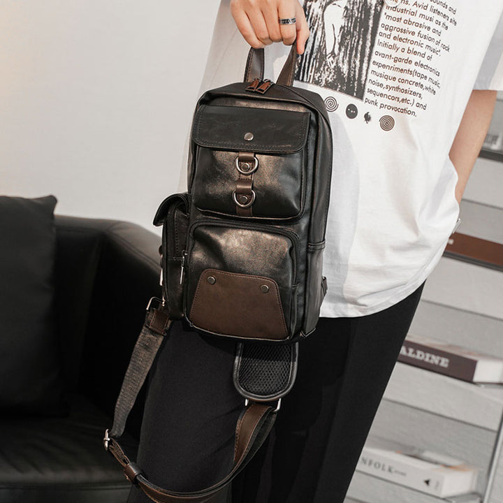 Retro Anti-theft Multi-Pocket Leather Sling Bag Roomy Daypack