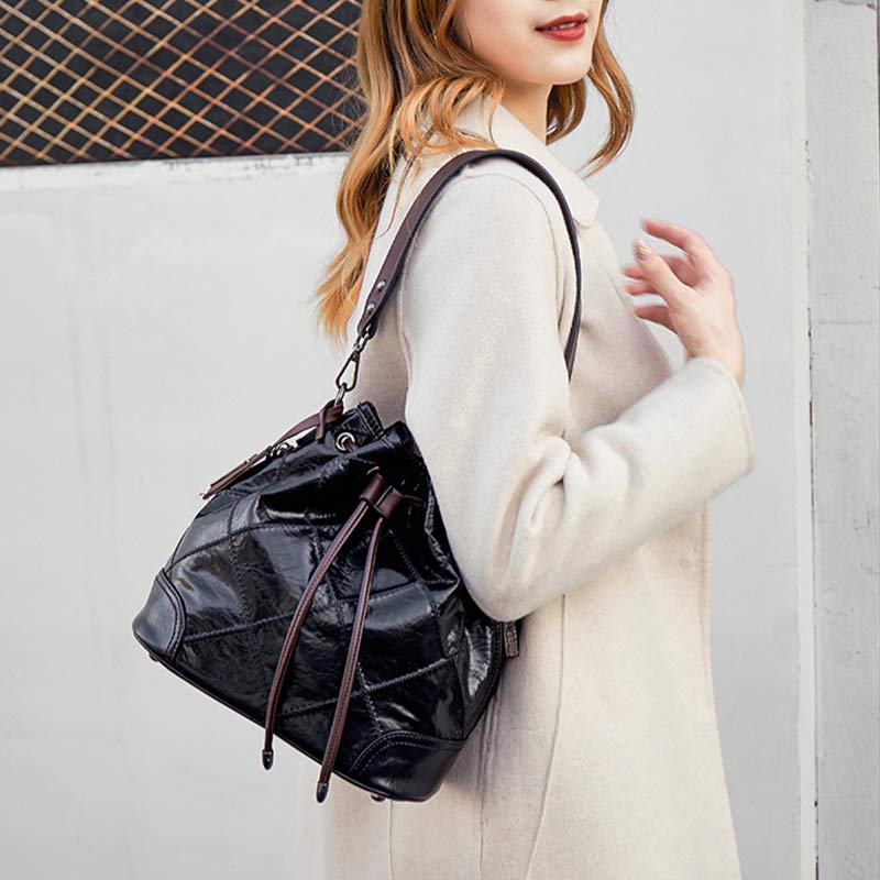 Womens Drawstring Bucket Hobo Handbag Crossbody Shoulder Bag with 2 Detachable Straps