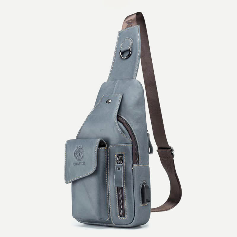 Genuine Leather Multi-Pocket Chest Bag Sling Backpack with USB Charging Port