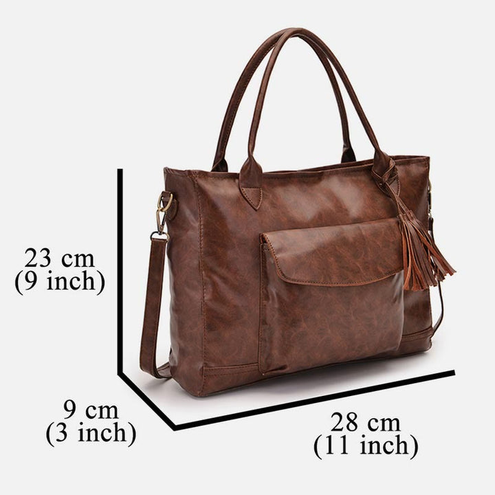 Retro Leather Tote Tassel Decor Classic Multifunctional Travel Bag - image 7