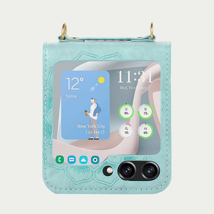 Phone Case For Z Flip5 Flower Pattern Leather Crossbody Case