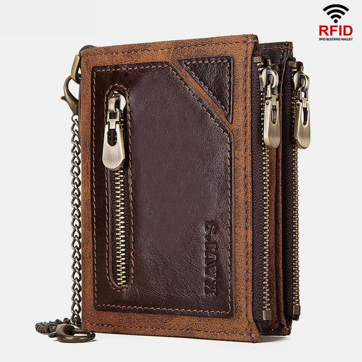 Vintage RFID Genuine Leather Bifold Coin Wallet With Chain