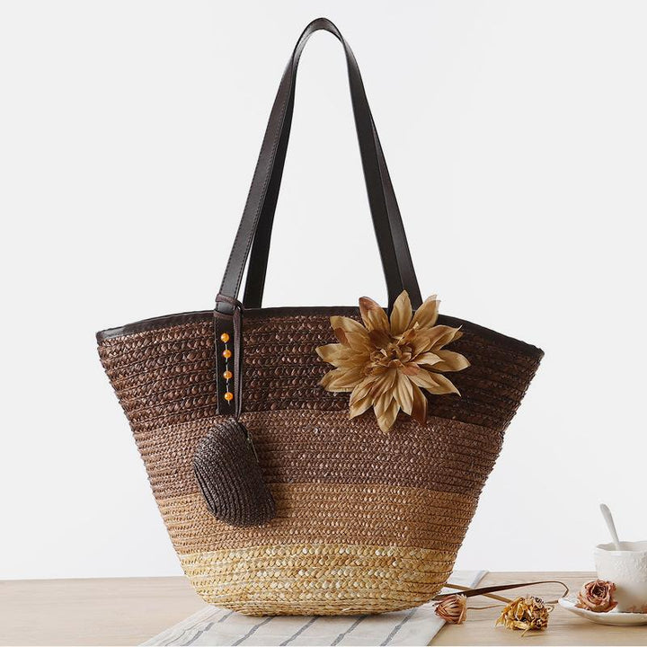 Summer Flower Straw Woven Beach Bag Travel Tote Bag