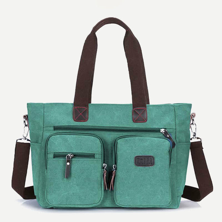 Multi-Pocket Tote Handbag for Women Men Retro Canvas Laptop Bag