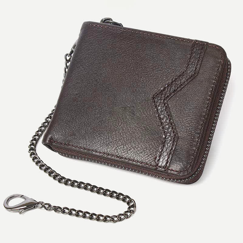 Genuine Leather Zip Around RFID Blocking Bifold Wallet with Chain - Style 2 - SaddleBrown - image 8