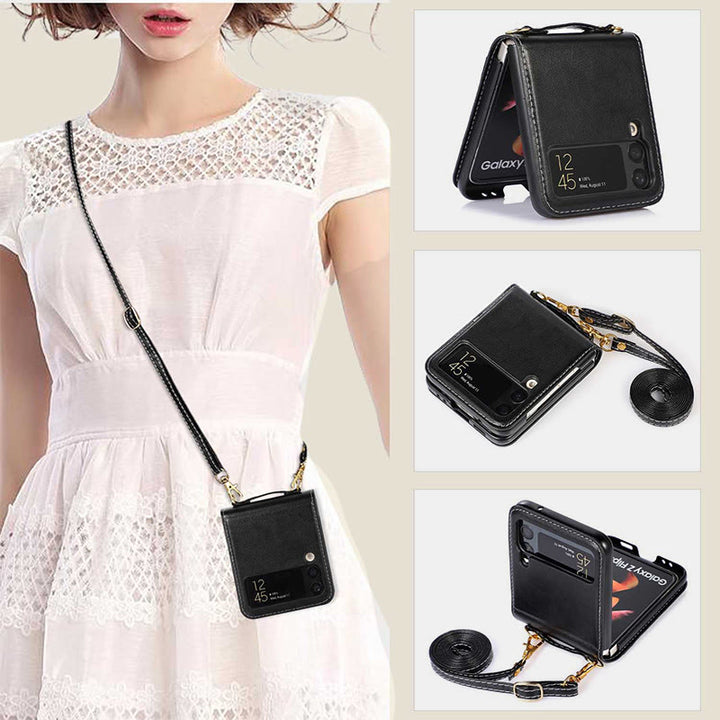 Phone Case For Z Flip 4 Crossbody Clamshell Leather Protection Case