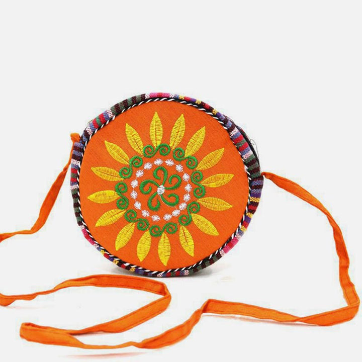 Folk Custom Canvas Bag Women Embroidery Sunflower Small Round Bag