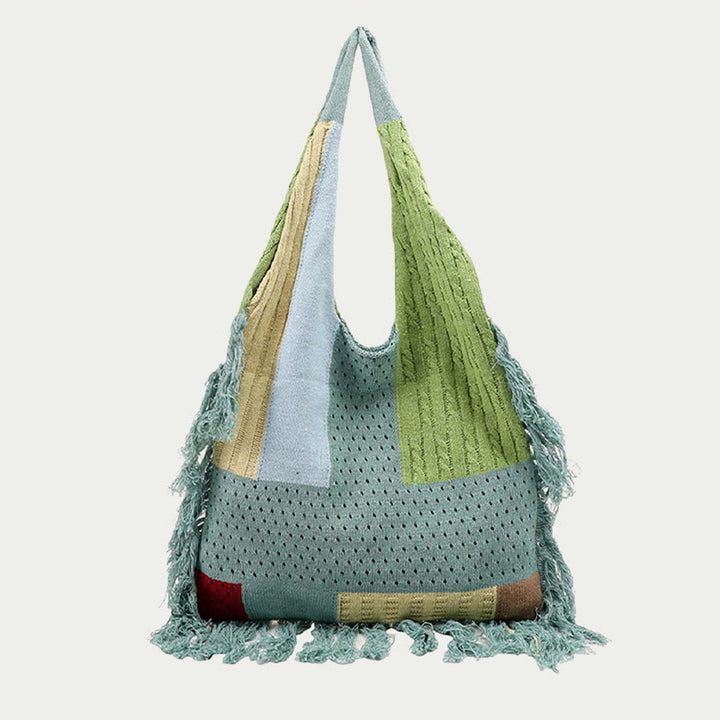 Tassel Shoulder Bag For Women Simple Retro Spliced Knitted Bag