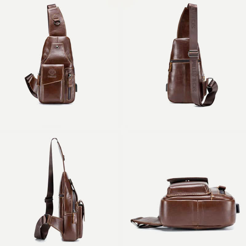 Genuine Leather Multi-Pocket Chest Bag Sling Backpack with USB Charging Port