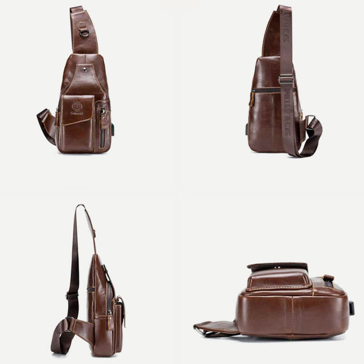 Genuine Leather Multi-Pocket Chest Bag Sling Backpack with USB Charging Port