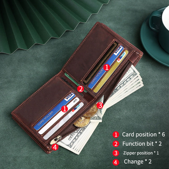 Retro Men's Large Capacity Genuine Leather Bifold Wallet Credit Card Holder