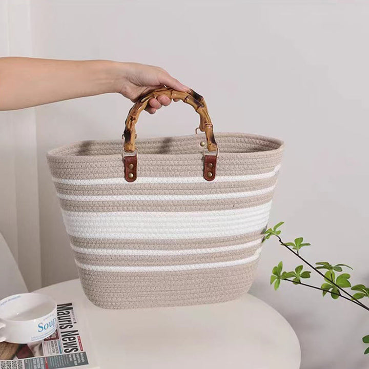 Spring Straw Woven Large Tote Bag for Women with Bamboo Handle