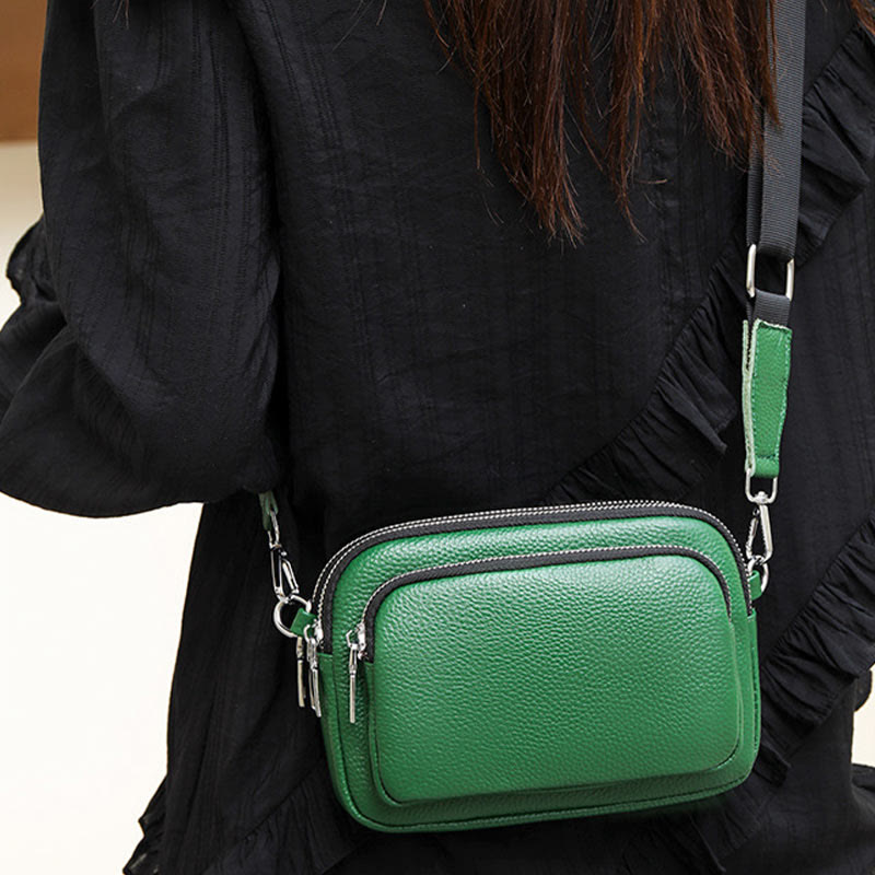 Triple Zip Genuine Leather Crossbody Bag Casual Travel Purse