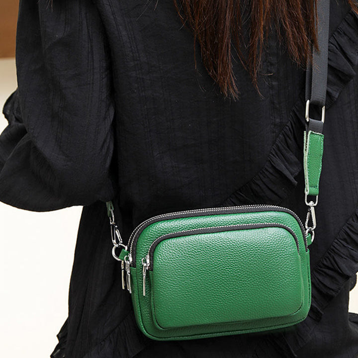Triple Zip Genuine Leather Crossbody Bag Casual Travel Purse