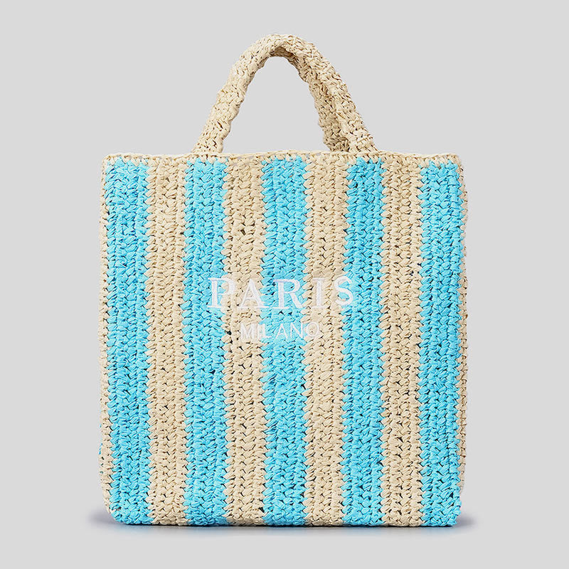 Beach Bag For Women Summer Holiday Travel Striped Straw Handbag