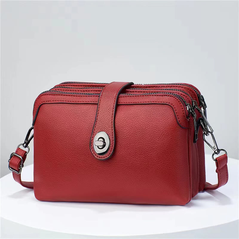 Triple Compartment Leather Bag For Women Large Capacity Plaid Bag