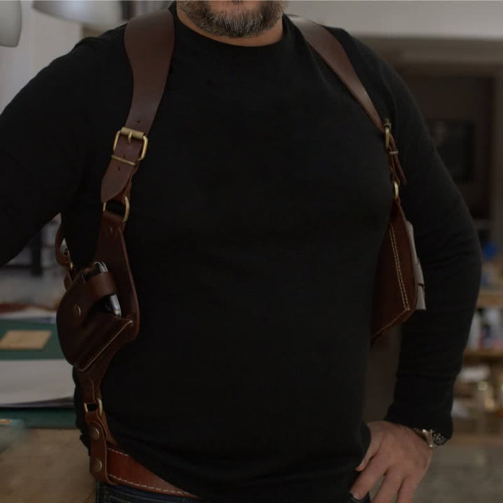 Leather Shoulder Holster Double Pocket Shoulder Strap Vest Pouch Bag